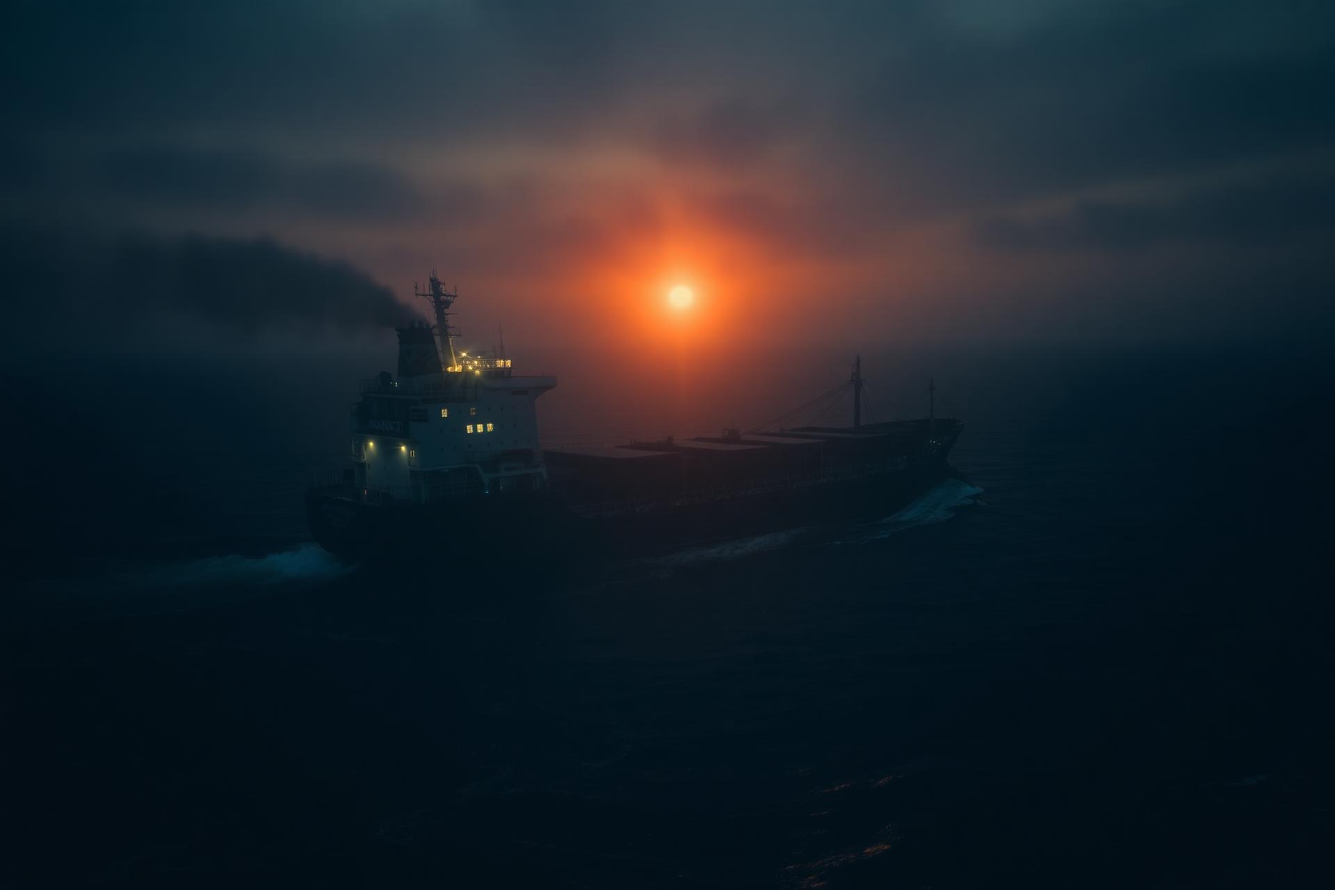 Commercial vessel at sea at dusk